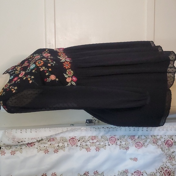 ZARA Floral Embroidered Black Sheer Swiss Dot Long Sleeve Boho Mini Dress S - Picture 3 of 9